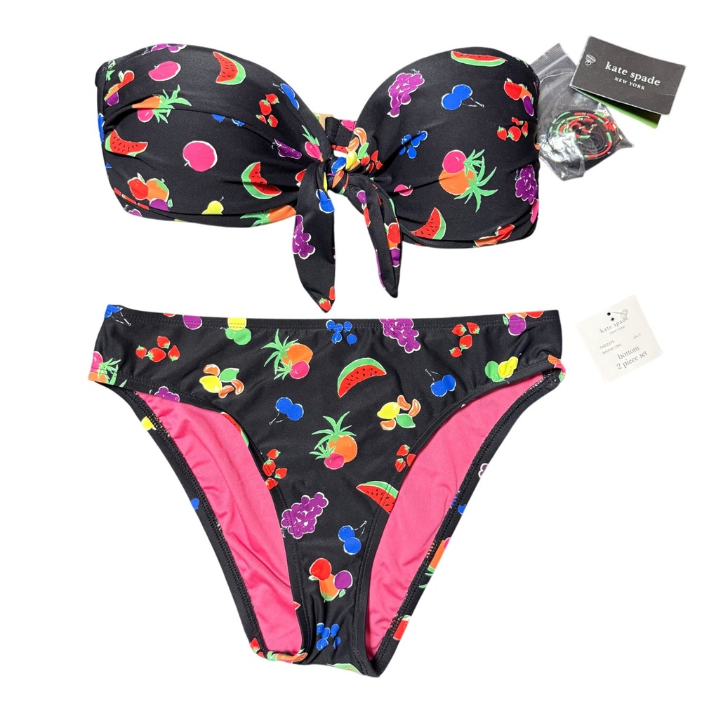 Kate Spade Bikini Set Womens S Black Fruit Print Bandeau Retro Resort Beachwear